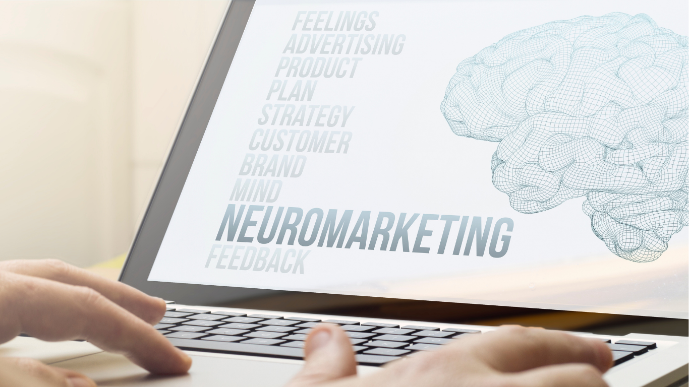 Neuromarketing concept - brain wireframe with marketing keywords